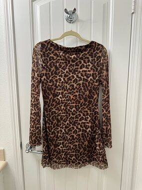 Leopard Print Retro Long Sleeve Mini Dress with Tie Back